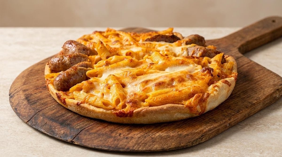 Baked ziti pizza topped with sausage from Little Joe's